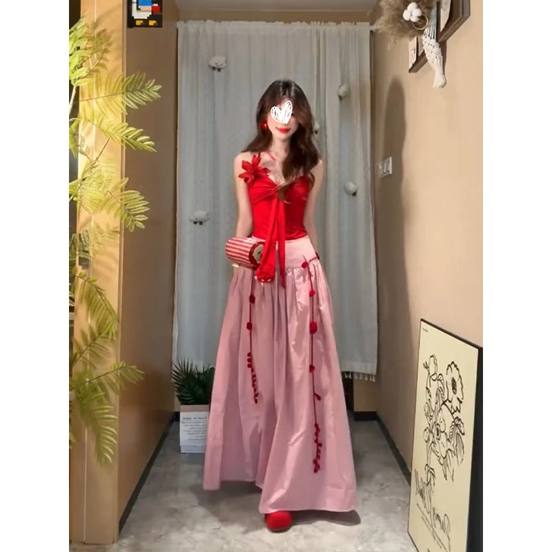 夏季辣妹度假风红色抹胸吊带蝴蝶结修身上衣宽松垂坠中长裙两件套