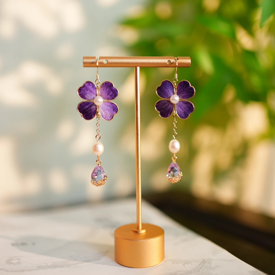 非金属布艺耳饰 【四叶草耳饰】紫色 掐丝绒花工艺 国风仙女礼品