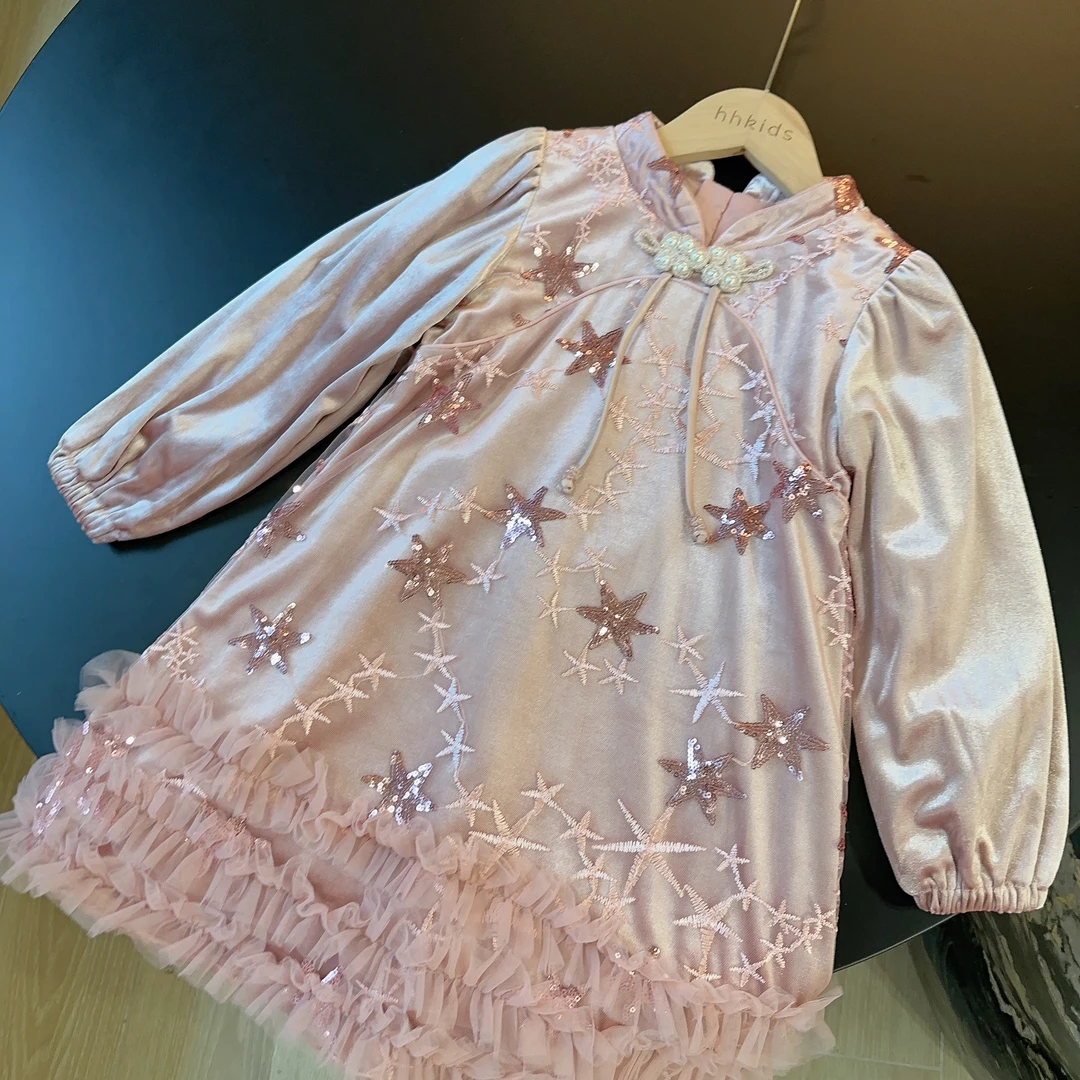 HHkids宝宝连衣裙秋冬季灯芯绒碎花裙2024新款新中式裙子FQZ566