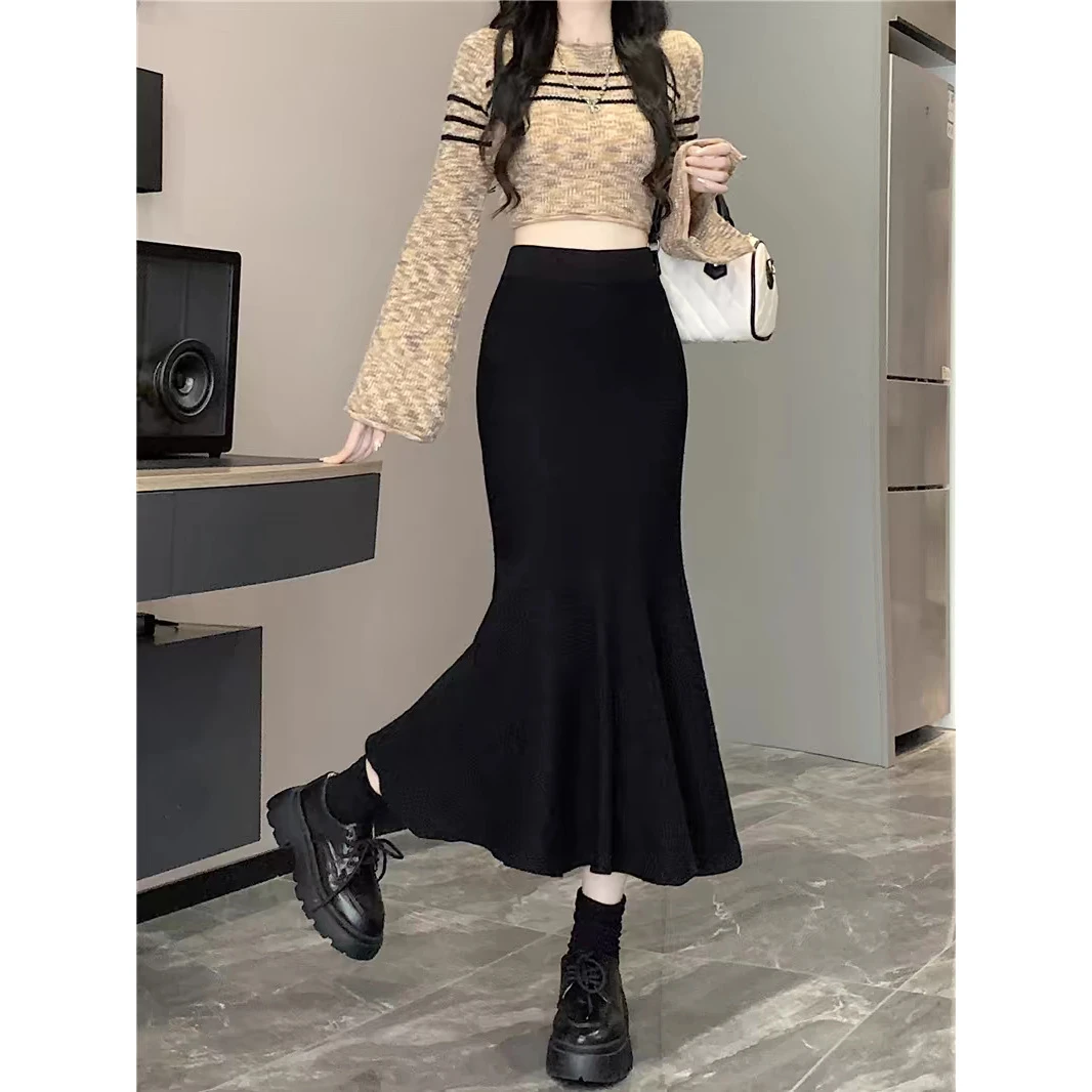 黑色针织半身裙女秋冬款高腰a字显瘦中长款鱼尾包臀裙子 8099