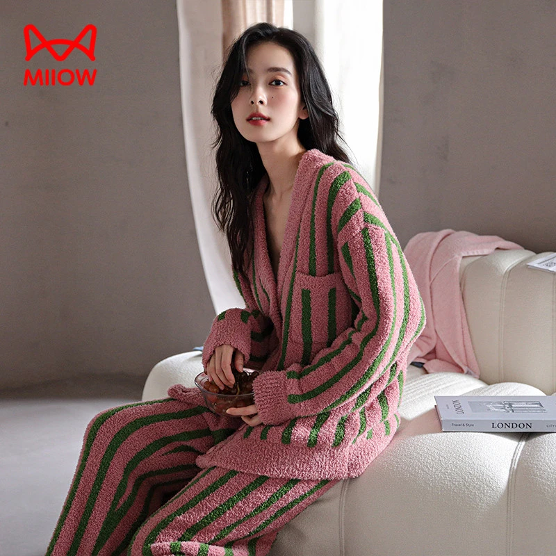 猫人经典开衫睡衣女半边绒保暖加厚家居服撞色条纹家居服两件套装