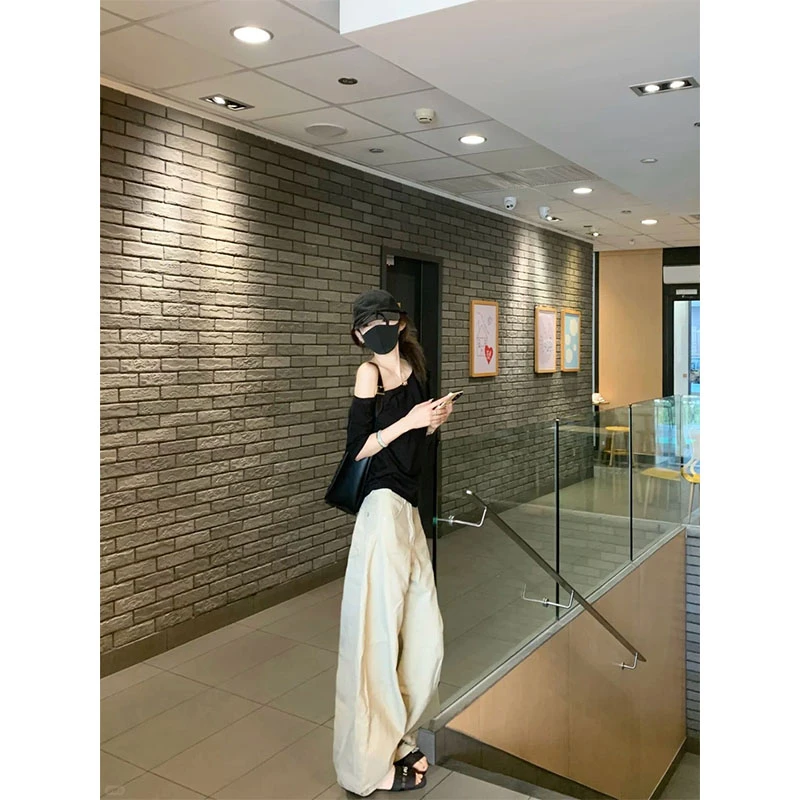 韩系设计感休闲百搭时髦黑色斜肩短袖上衣高腰直筒阔腿裤长裤套装