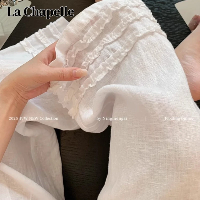 SM潮流松弛感木耳边直筒休闲裤女秋季新款百搭白色薄款阔腿裤子