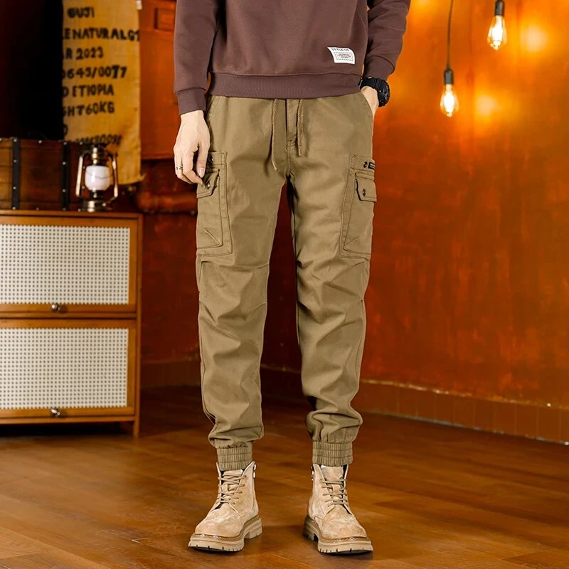 复古水洗纯棉工装休闲裤男宽松大码潮牌户外束脚长裤工装裤