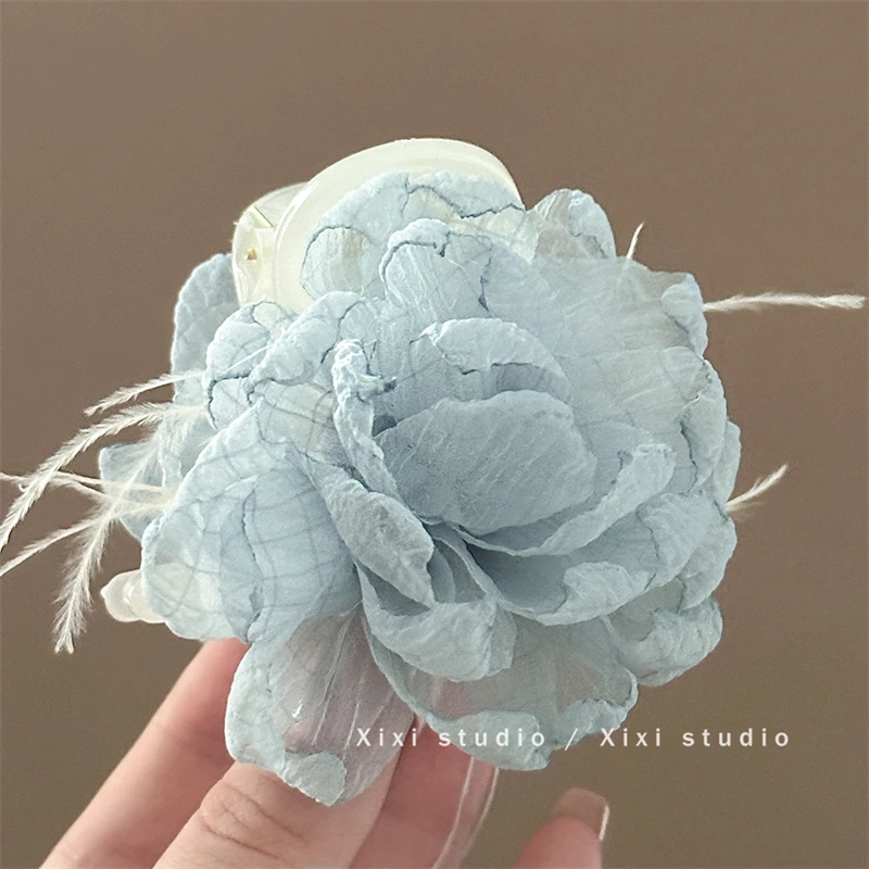 复古蓝色羽毛花朵抓夹高级感盘发鲨鱼夹气质发夹子头饰新中式头花