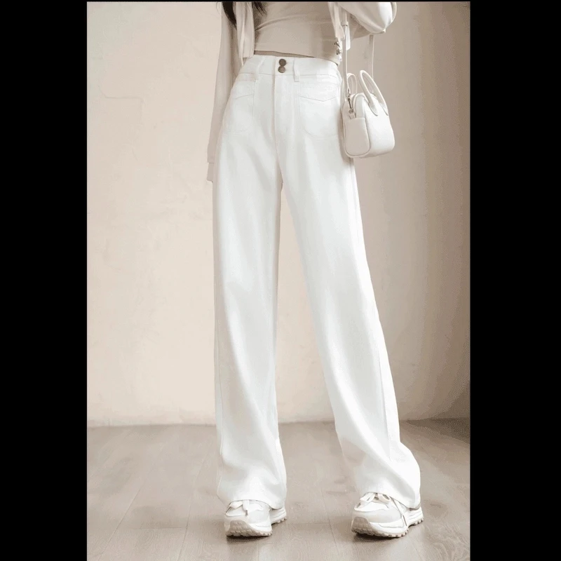 【现货+运费险】白色双扣窄版阔腿裤女高腰显瘦垂感牛仔裤