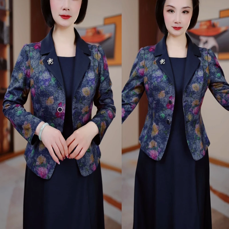 彩色花收腰显瘦气质连衣裙HR5029洋气春装时尚妈妈装修身长袖