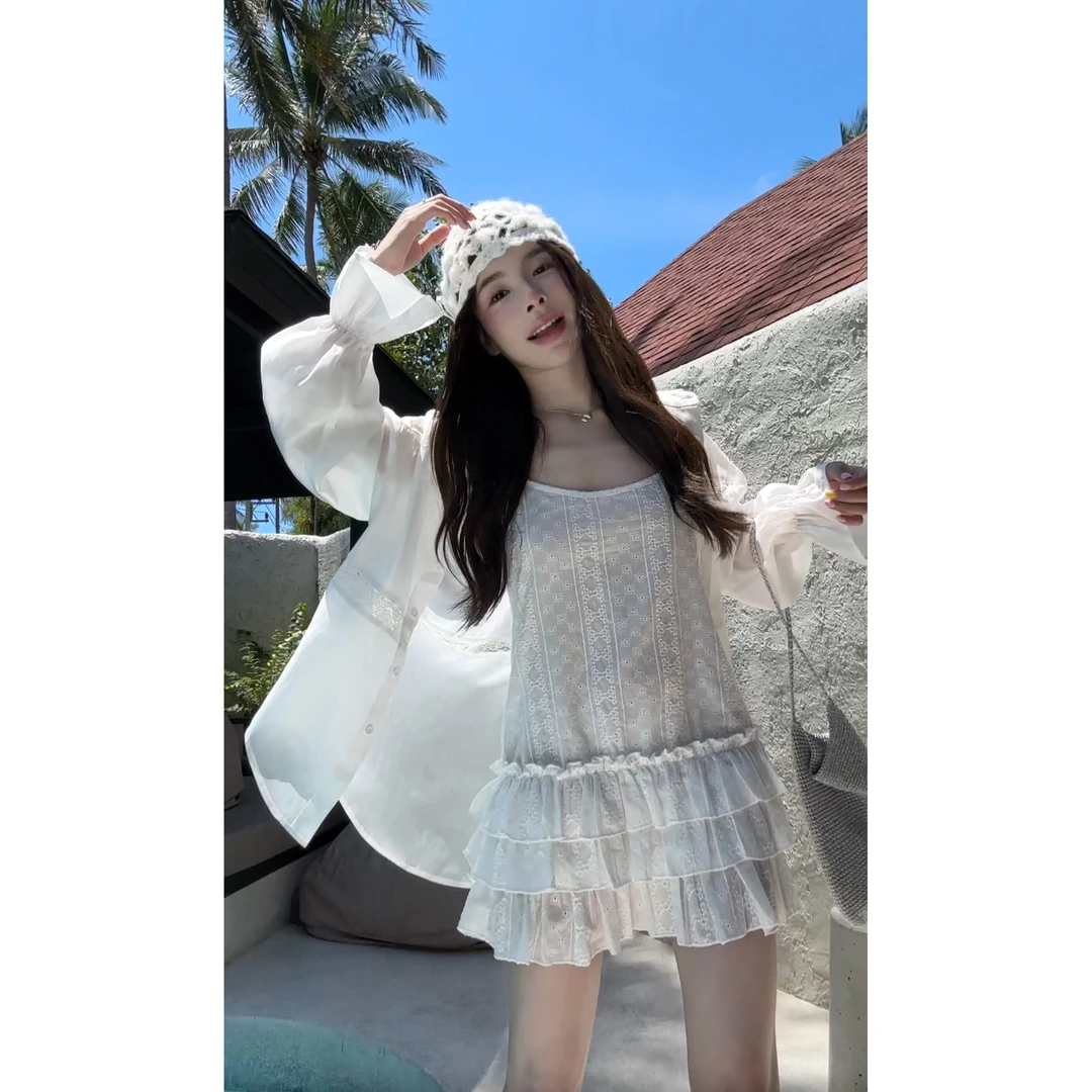 【HuiHui】原创设计摆荷叶花边吊带上衣叠穿层次感无袖背心裙（P76)