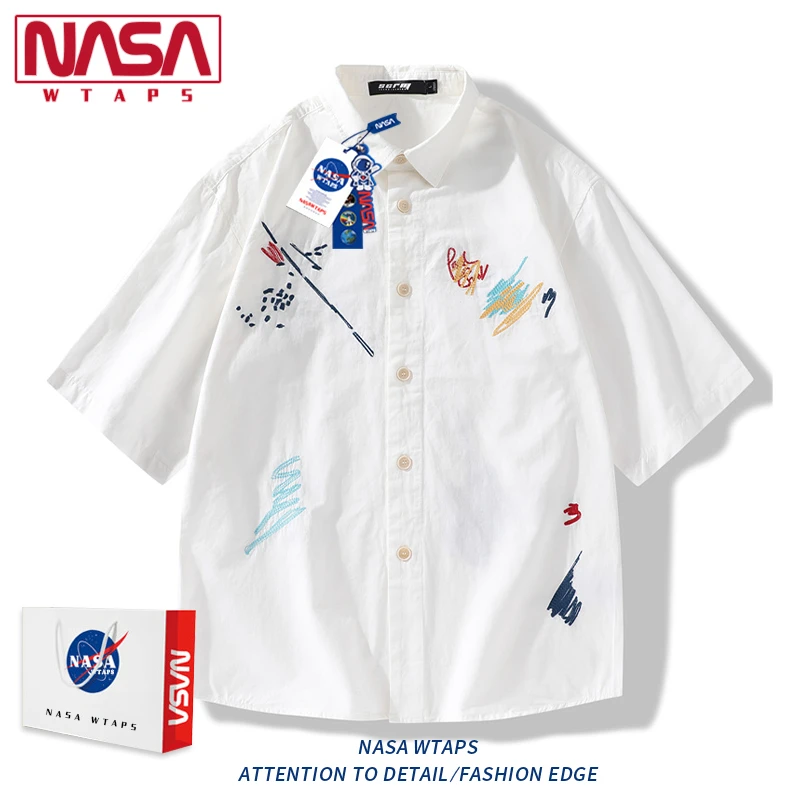 NASA WTAPS纯棉短袖衬衫男新款刺绣翻领t恤宽松休闲百搭情侣外套