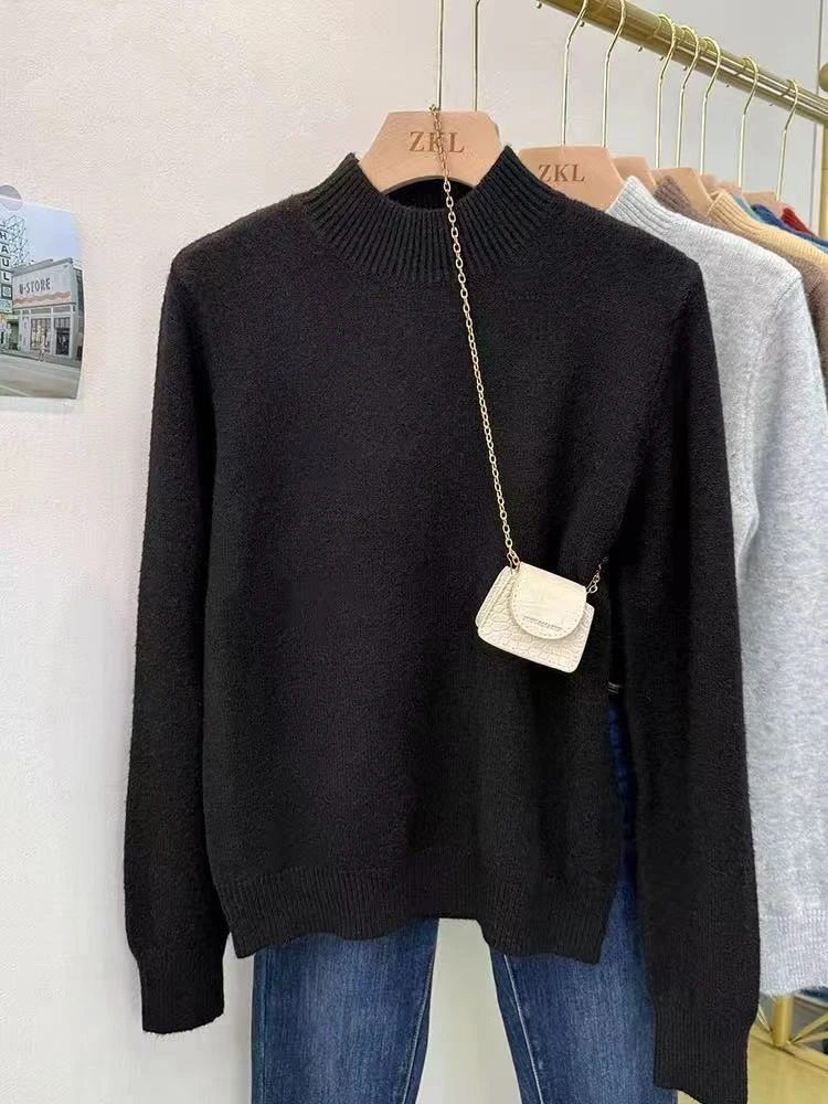 气质半高领毛衣女秋冬季百搭水貂一体绒针织上衣