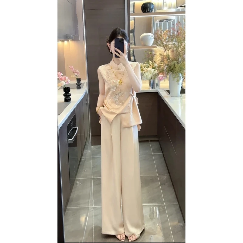 2025新款夏季新中式重工气质亮片钉珠上衣高腰显瘦阔腿裤子女