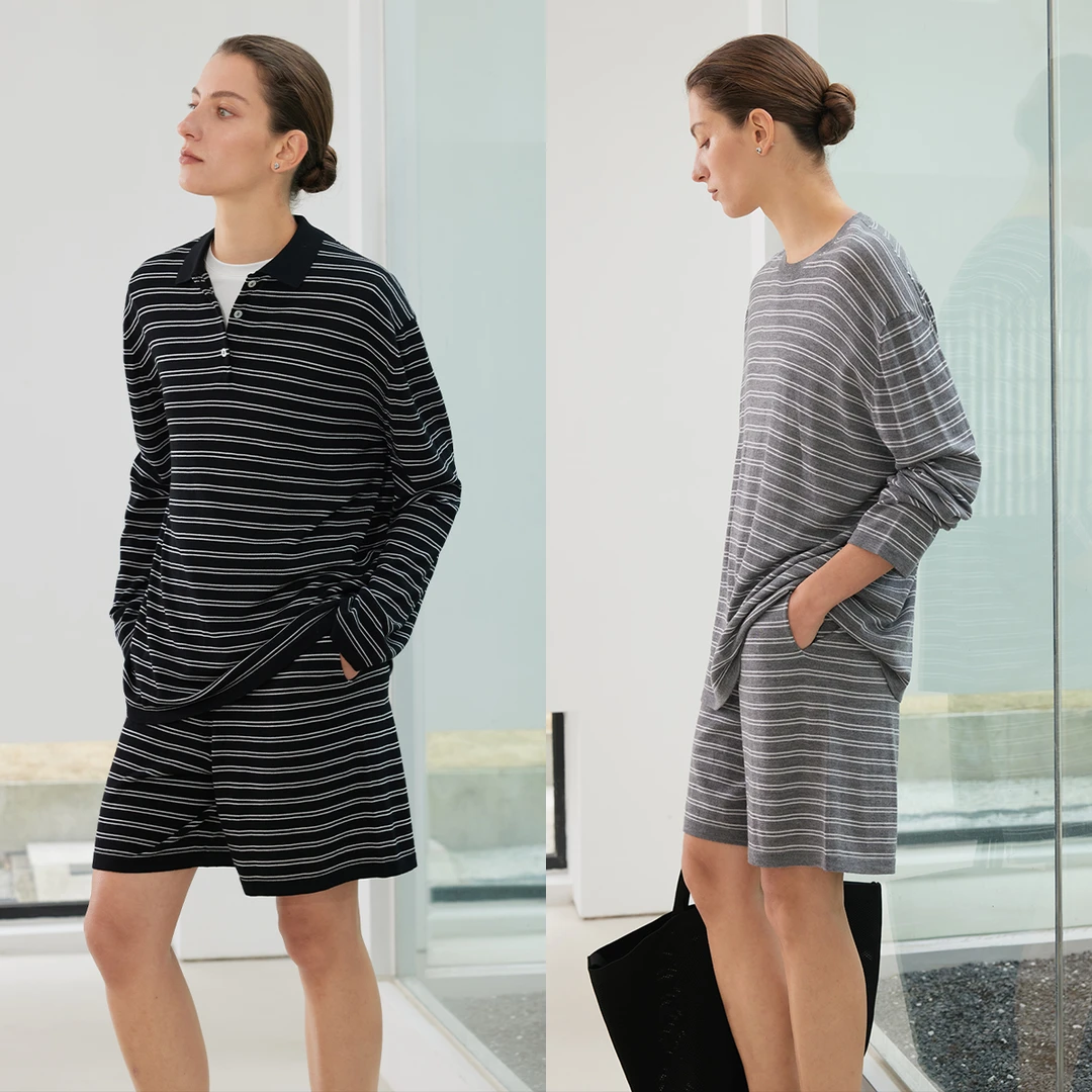 MSBEAST亲肤软垂超细羊毛知识分子“条纹套”Polo/圆领廓形T+短裤