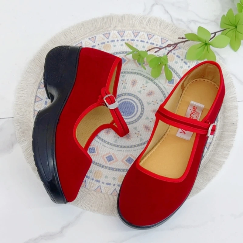 老北京布鞋酒店工作鞋增高高跟舞蹈鞋妈妈鞋舒适黑色布鞋厚底坡跟