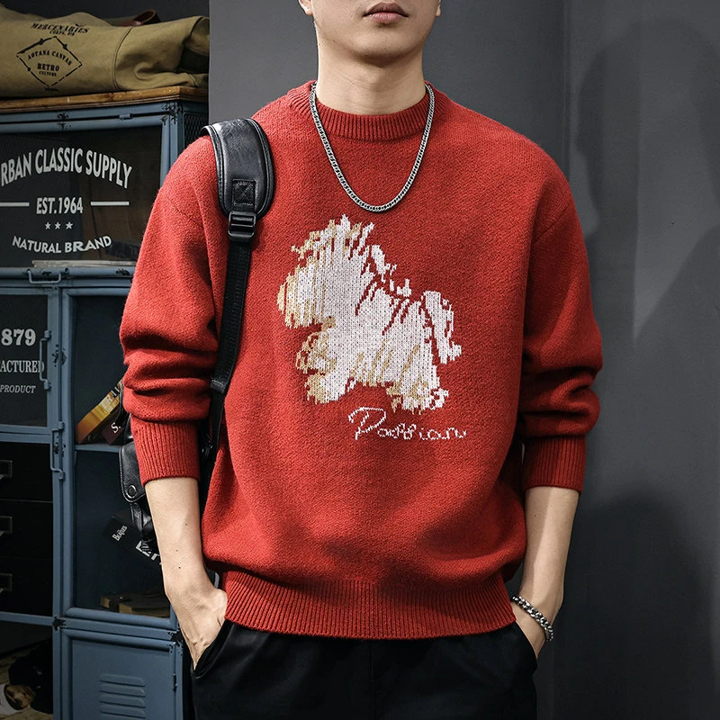 2025冬季新款美式覆古圆领提花毛衣男潮牌慵懒风套头内搭针织衫潮