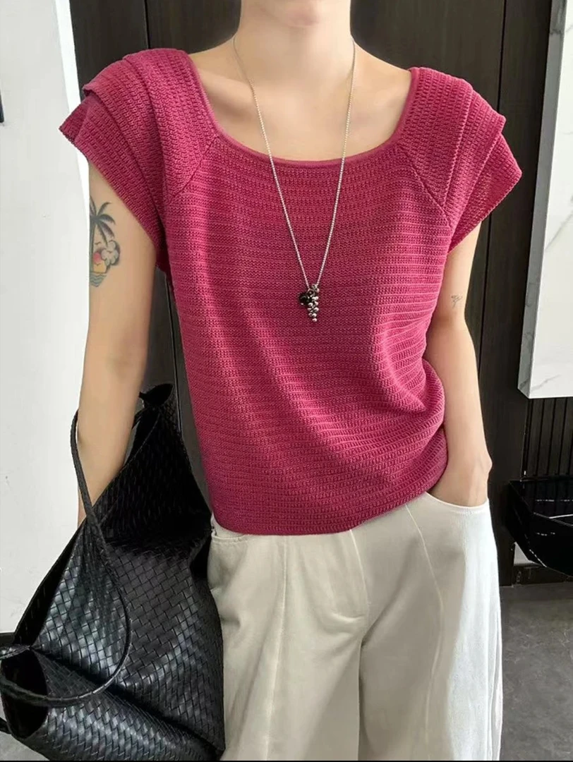 2025夏季新款镂空针织衫U领飞飞袖短袖毛衫薄款599