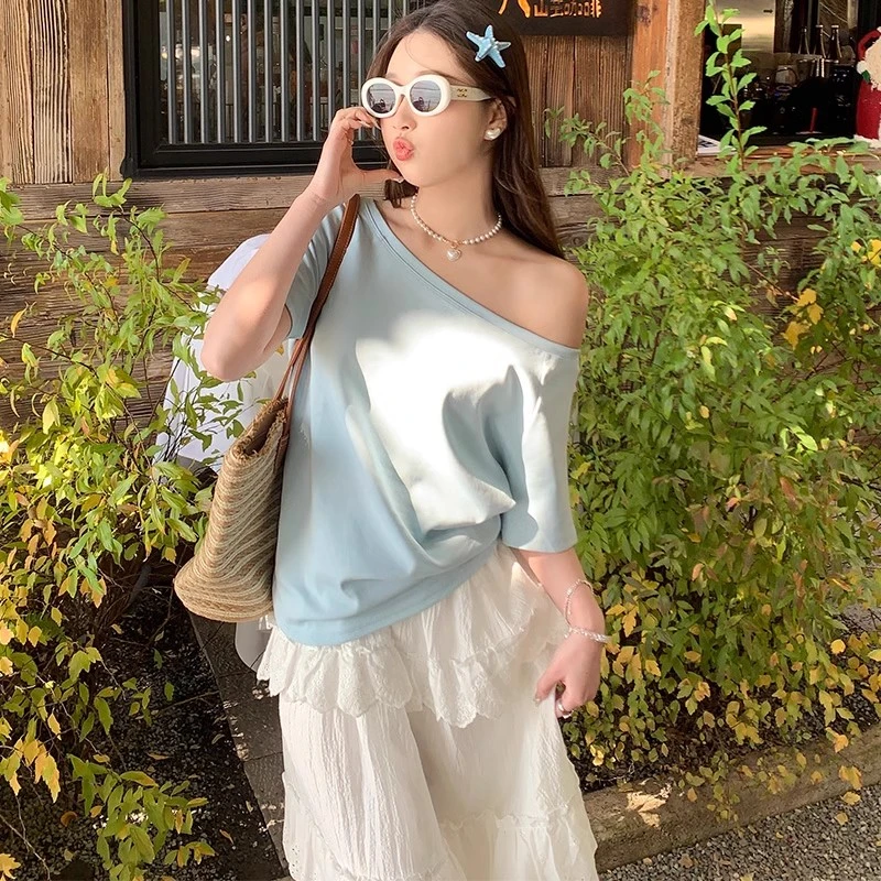 显瘦设计感露肩短袖T恤女一字肩韩版夏宽松上衣小众休闲夏斜肩女