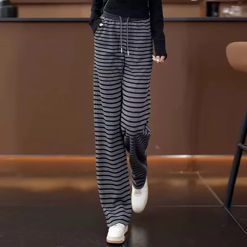 灰色高腰条纹垂感阔腿裤女春秋季2025新款宽松休闲窄版直筒拖地裤