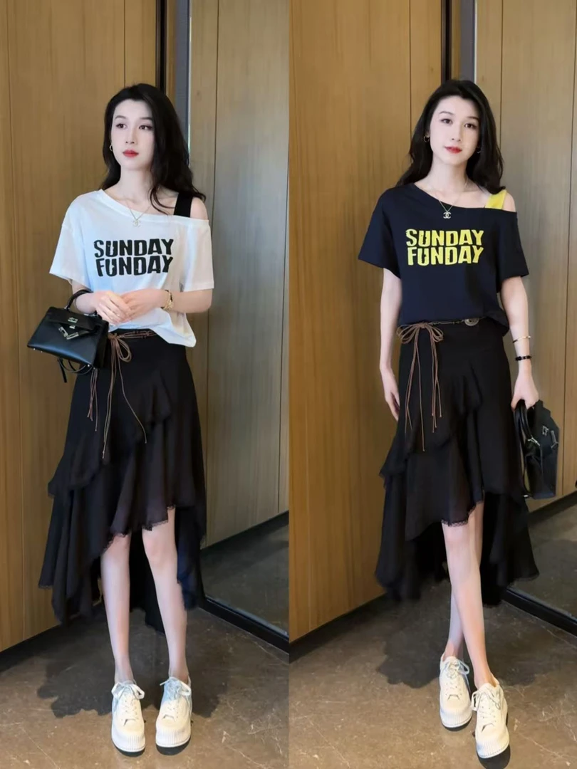 2025夏季新款时尚休闲气质T恤上衣+云裳叠雪半身裙套装