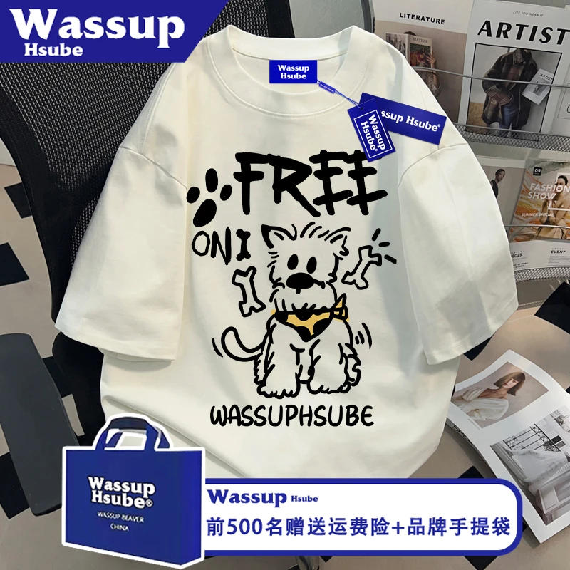 WASSUP HSUBE趣味卡通印花男女夏季纯棉ins上衣白色休闲风短袖T恤