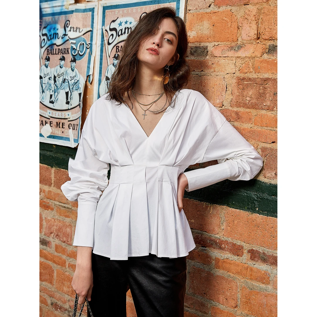 19007S职场风白色V领长袖衬衫上衣