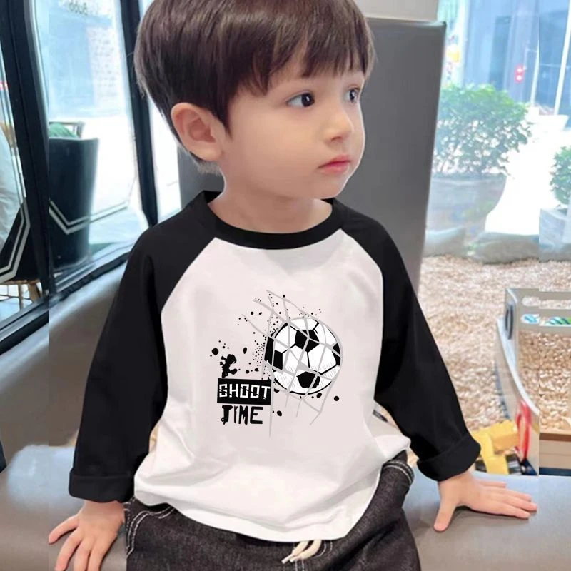 儿童纯棉T恤春秋男童圆领洋气插肩袖t打底衫柔软卡通长袖百搭体恤