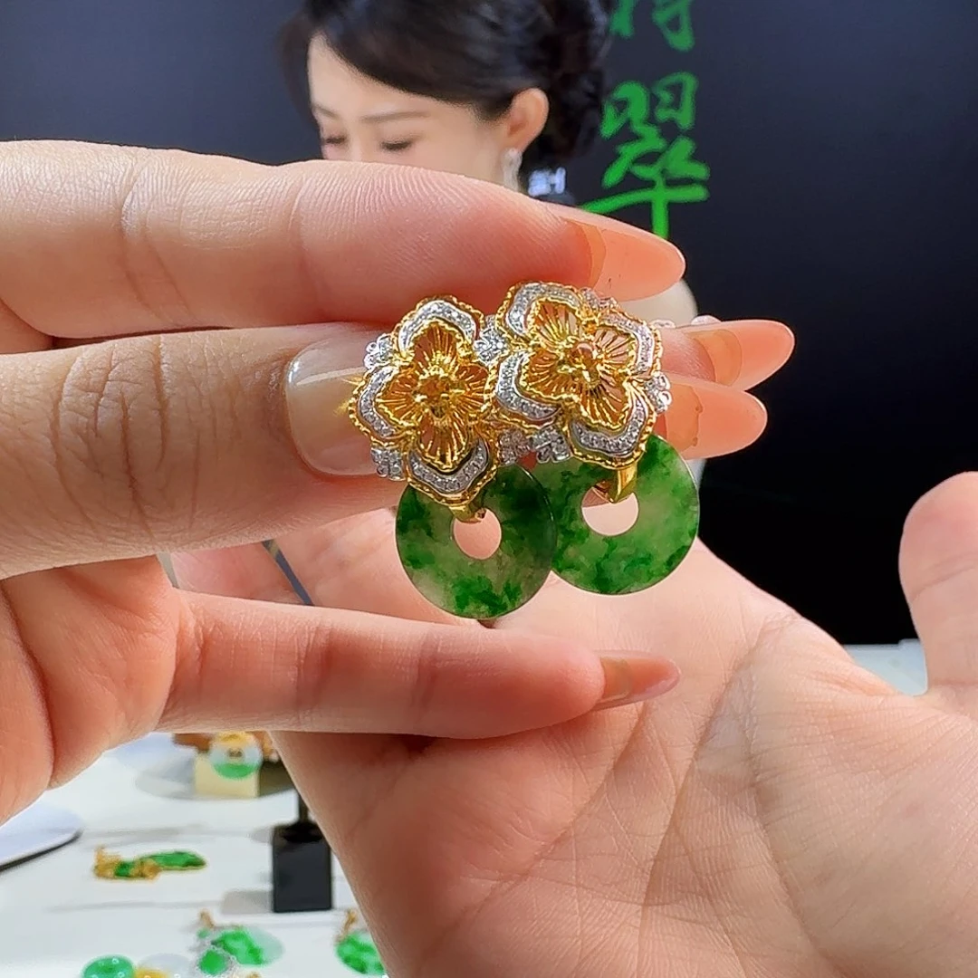 翡翠18K金镶嵌耳饰18k镶嵌