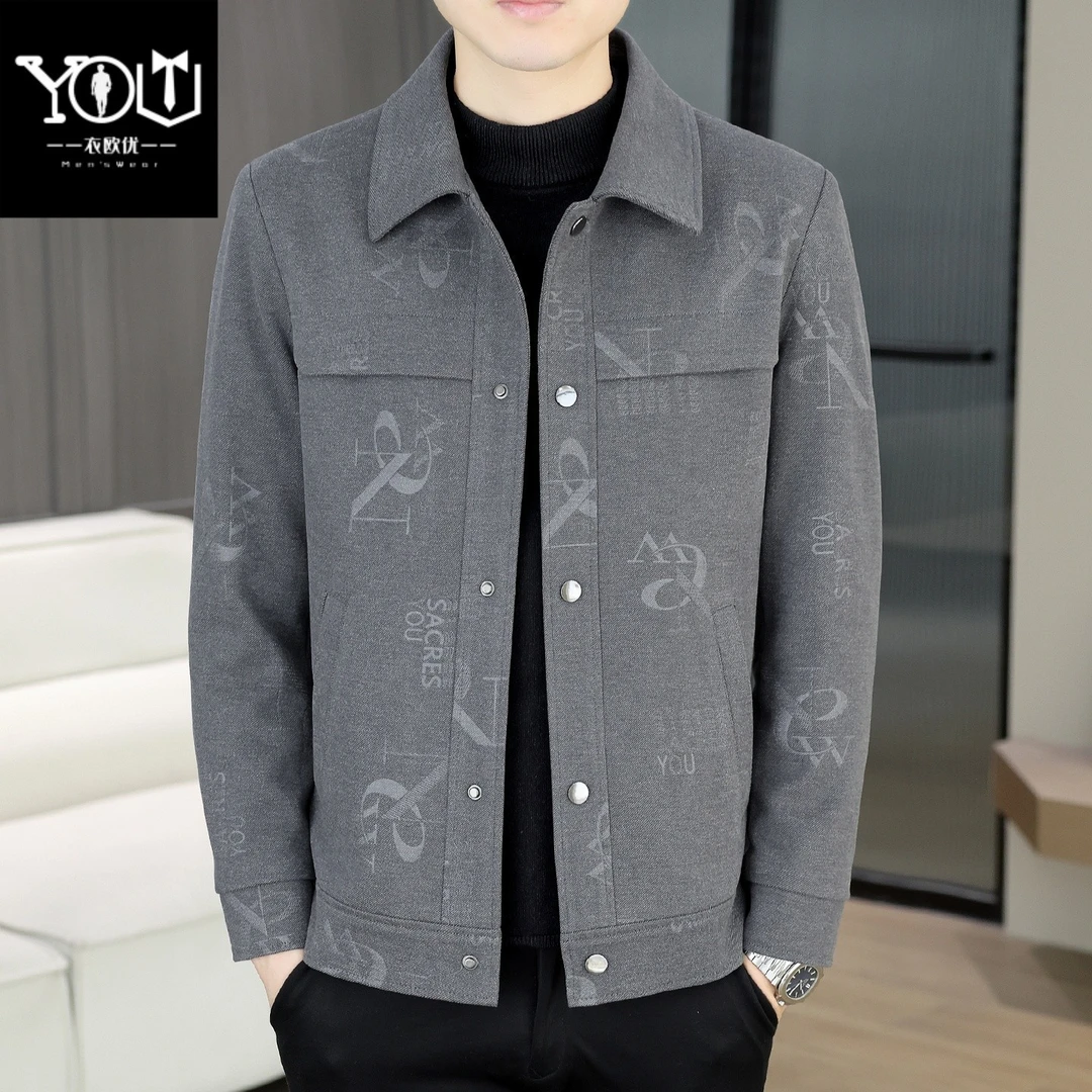 茄克上衣帅气春秋短款提花秋季翻领男青年高级感商务休闲毛呢夹克