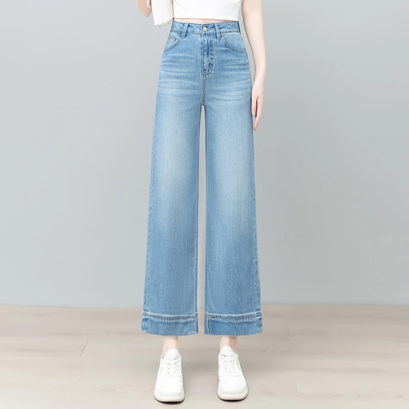 天丝棉窄版阔腿牛仔裤女薄款2025夏季新款高腰显瘦宽松九分直筒裤
