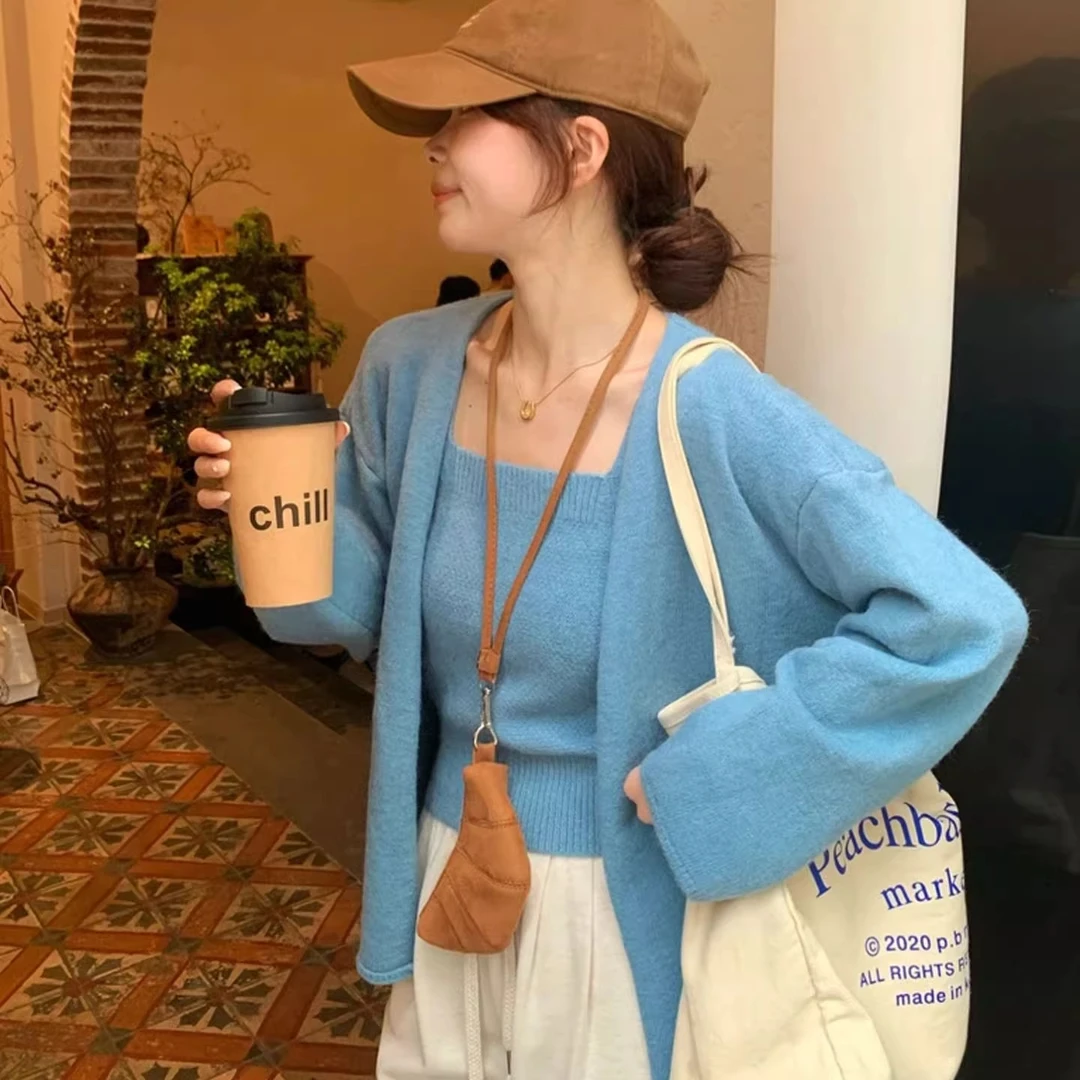 韩系休闲风简约纯色吊带开衫两件套女2025秋新款时尚百搭开衫上衣
