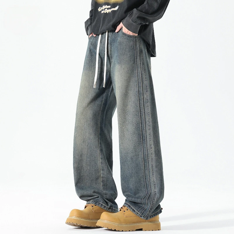 美式潮牌牛仔裤男秋季2025新款直筒阔腿长裤潮流宽松男生休闲裤子