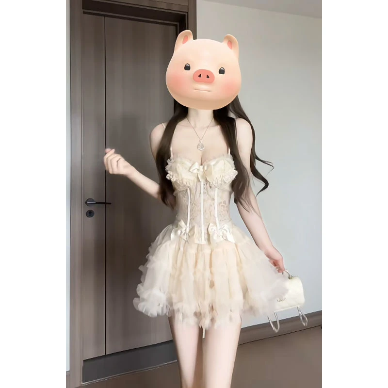 【希腊神话】法式气质女神2025夏季新款蝴蝶结蕾丝拼接抹胸纱裙套装