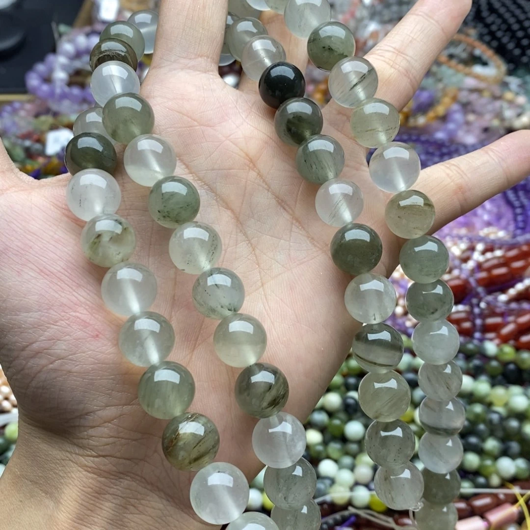 未镶嵌玛瑙/玉髓珠宝半成品一条天然12mm绿兔毛水晶圆珠