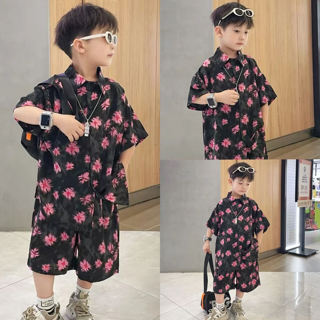 夏季男童宽松印花套装衬衣夏装冰感爽滑花衬衫港风男孩男童套装