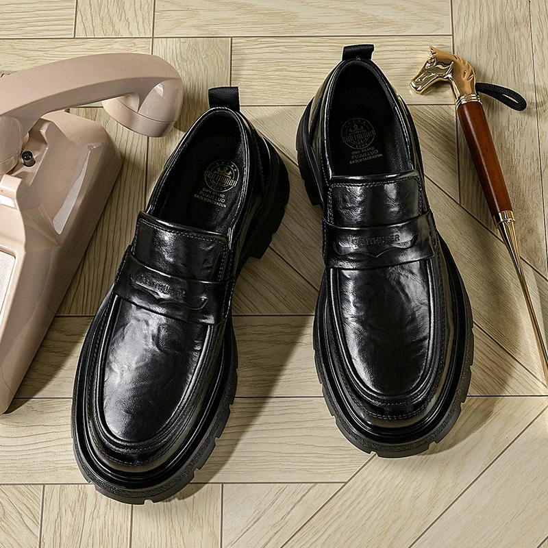 1765皮鞋男爆款黑色大头德比男士休闲百搭厚底增高一脚蹬时尚鞋子