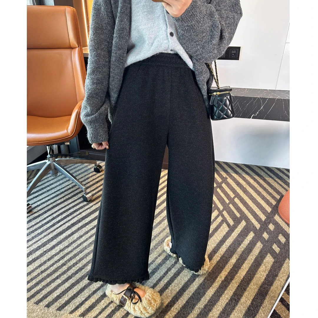 灰色花边加绒阔腿毛呢裤女冬季新款小个子高腰显瘦直筒九分奶奶裤