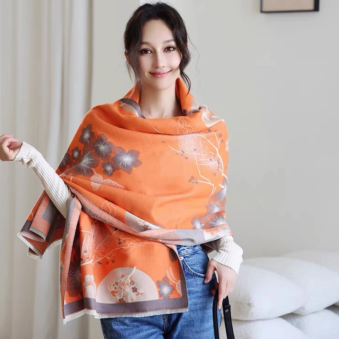 《花好月圆》秋冬新款双面加厚仿羊绒围巾女防风保暖百搭围脖披肩花