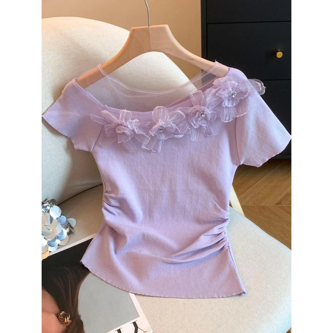 一字肩设计感拼接花朵针织短袖T恤夏季新款短款不规则收腰上衣潮