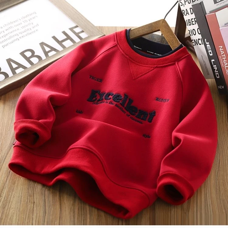 【新年穿新衣】男童拼色领假两件红色加绒卫衣5019