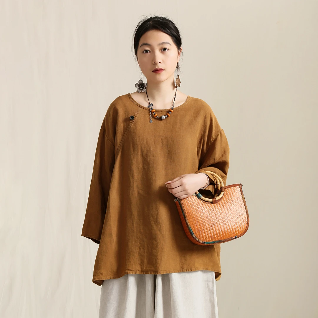 【以之】设计师品牌原创复古宽松休闲圆领套头亚麻小衫上衣