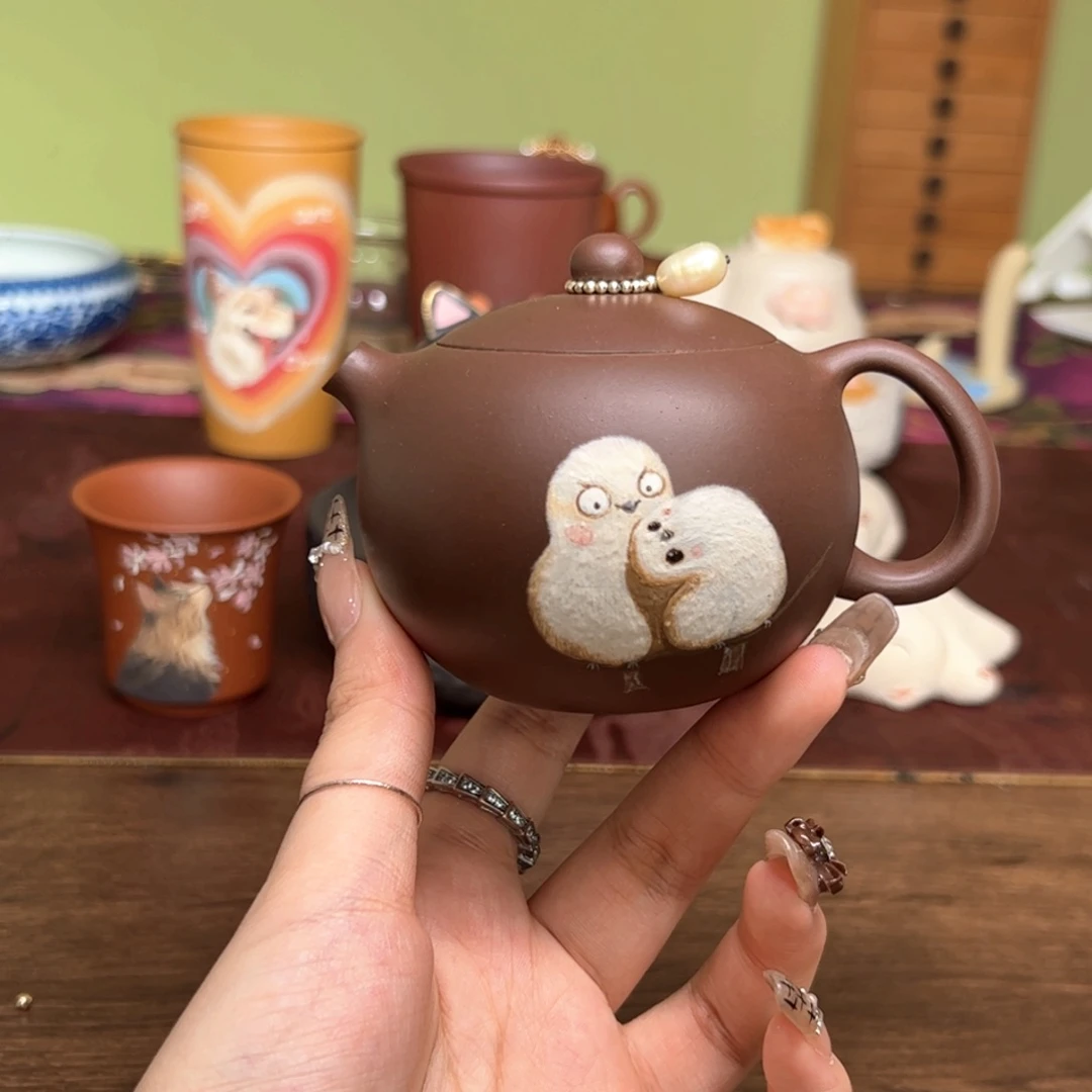 茶壶紫砂老紫泥河豚西施 150ml 泥绘汤圆小鸟