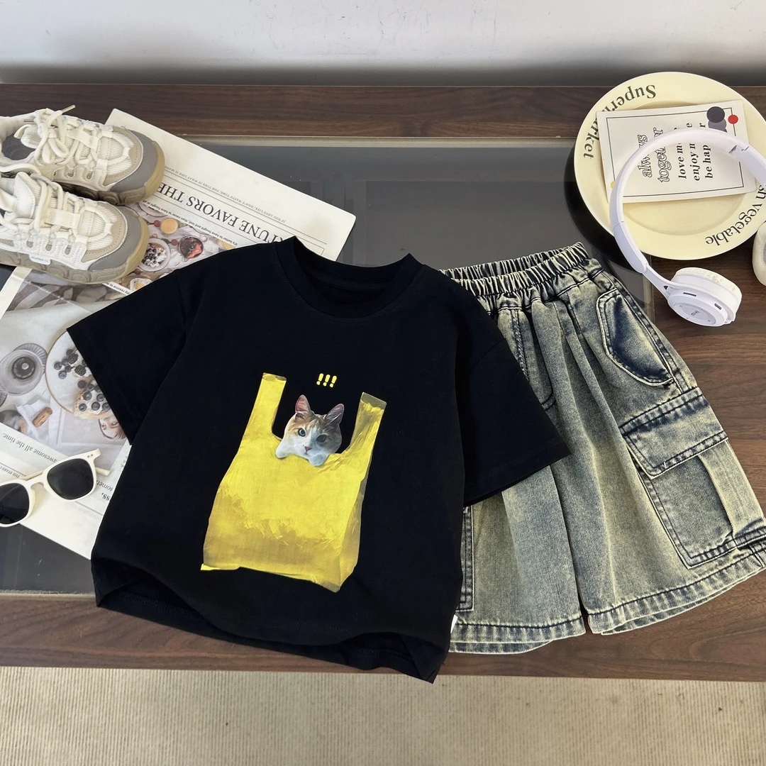 【米佑】2025年新款儿童短袖牛仔短裤夏季潮流穿搭夏款套装WQ216