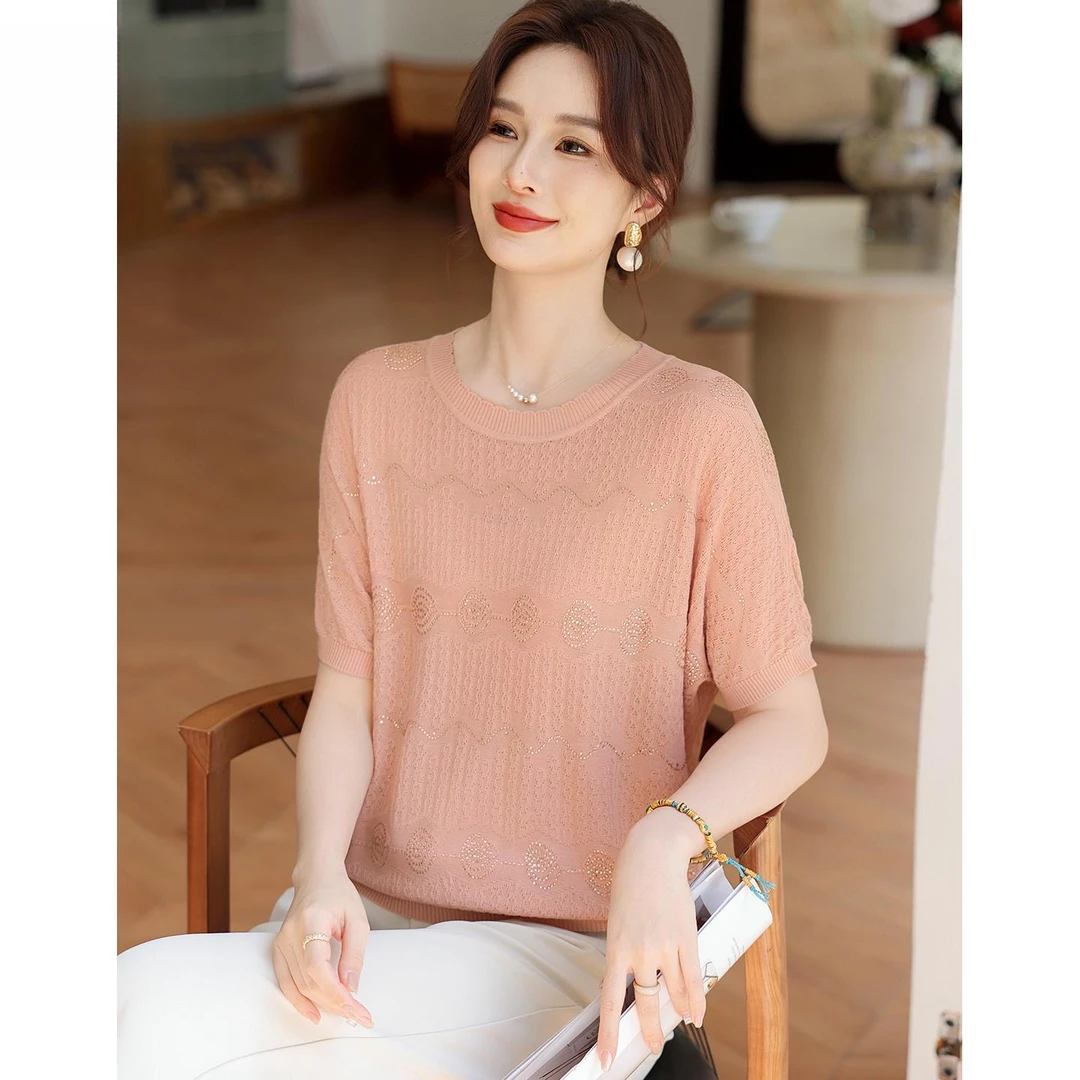 恒源祥彩羊妈妈夏装短袖针织衫上衣中老年女装洋气高贵小衫中年女