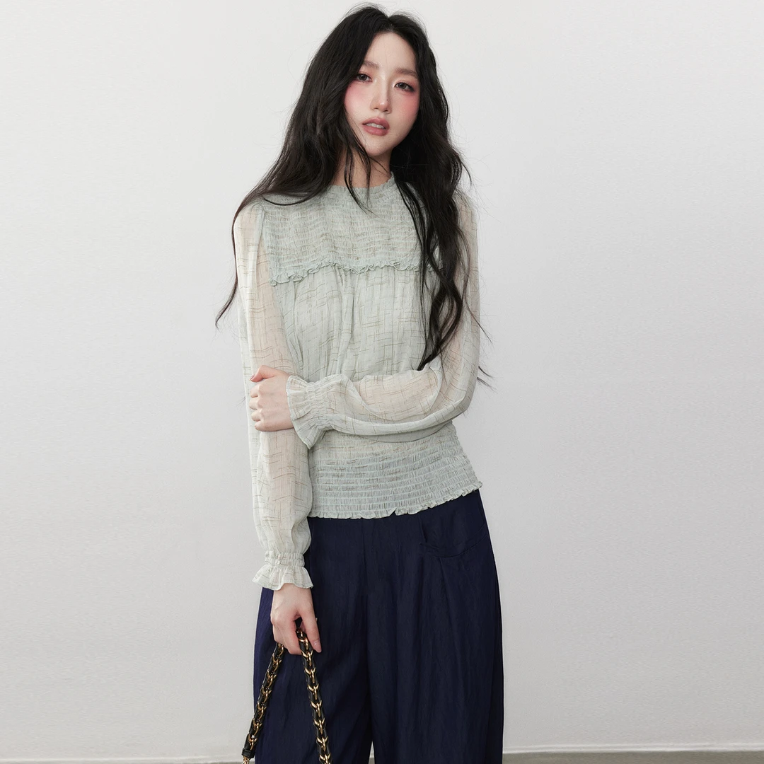 誉芝yuzhi 通勤简约百搭秋季绿色圆领雪纺收腰显瘦防晒长袖上衣女