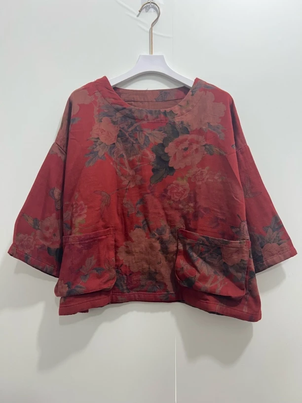 秋款七分袖做旧棉麻印花大码上衣红色大花T百搭复古文艺套头圆领