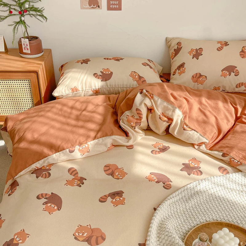 绵绵小熊猫 原创插画双层纱四件套床单被套棉柔软 可爱小动物