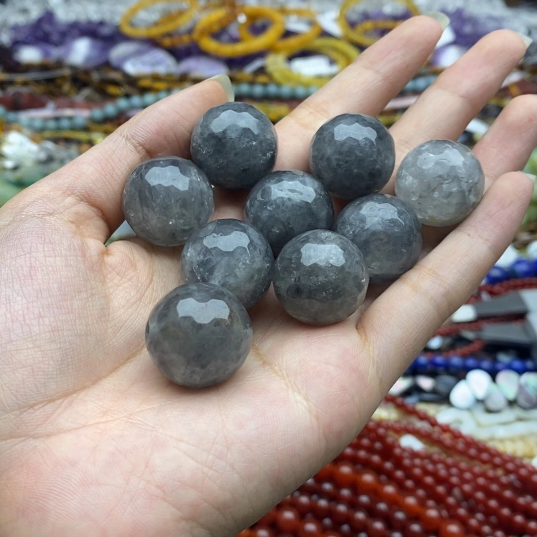 玛瑙/玉髓未镶嵌珠宝半成品一个纯天然云雾灰水晶圆珠切面2.0mm