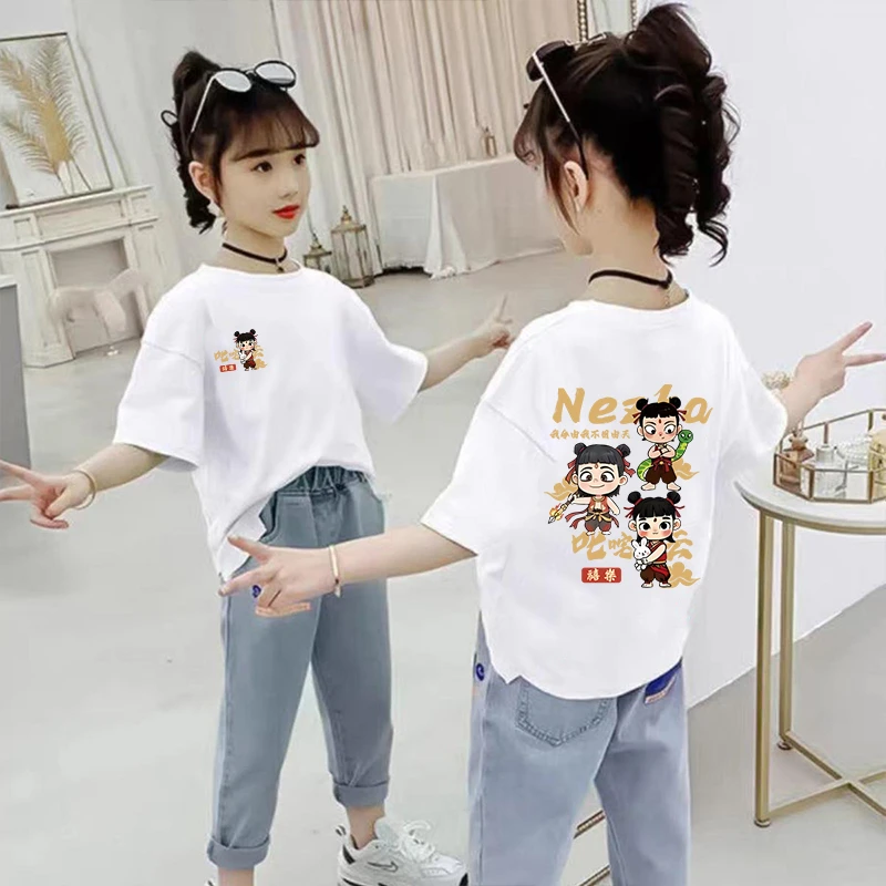 100%纯棉哪吒男童女童短袖T恤夏季新款儿童大童卡通印花上衣童装