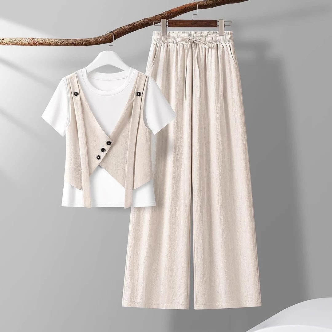 休闲短袖V领马甲假两件上衣女夏季2025时尚套装松紧腰速干阔腿裤