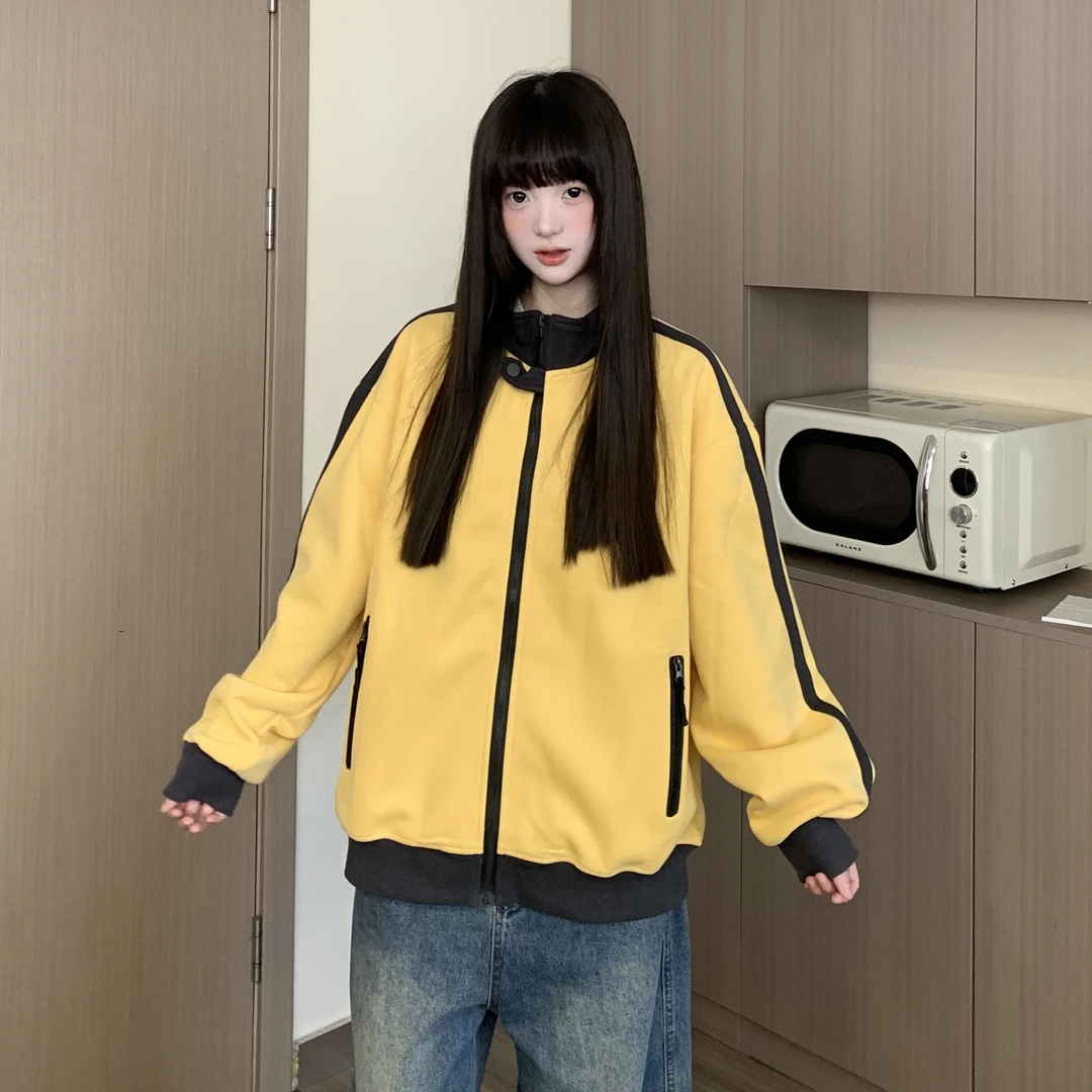 TOM潮 美式复古运动风撞色立领开衫短外套宽松百搭秋季新款2025