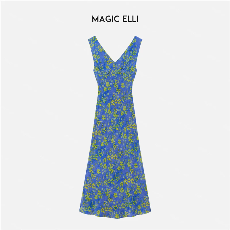 蓝烟浣夏！法式轻奢复古印花性感深V领斜裁真丝无袖连衣裙